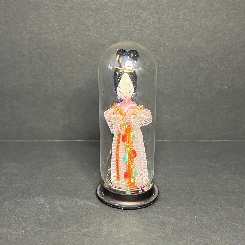 Vintage Miniature Pink Dressed & Adorned Geisha Doll in Glass Dome Capsule 3"